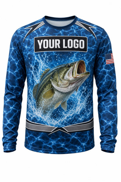 Largemouth Bass Tournament Fishing Jersey - front view, custom company logo all-over-print uniform
