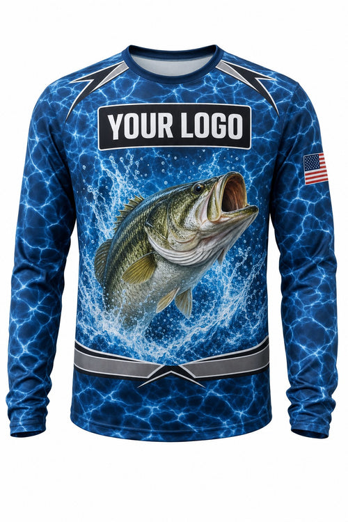 Largemouth Bass Tournament Fishing Jersey - front view, custom company logo all-over-print uniform