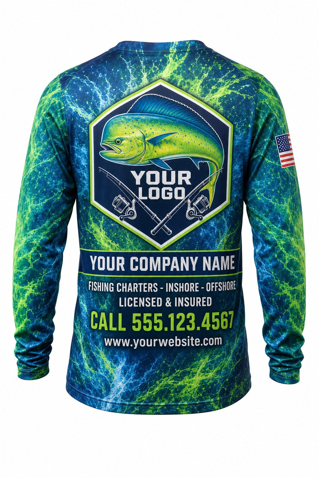 Mahi Mahi Tournament Fishing Jersey - back view, custom company logo all-over-print uniform