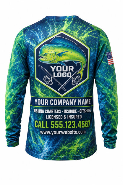Mahi Mahi Tournament Fishing Jersey - back view, custom company logo all-over-print uniform