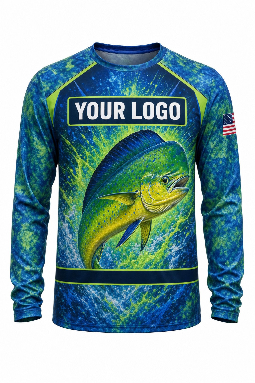Mahi Mahi Tournament Fishing Jersey - front view, custom company logo all-over-print uniform