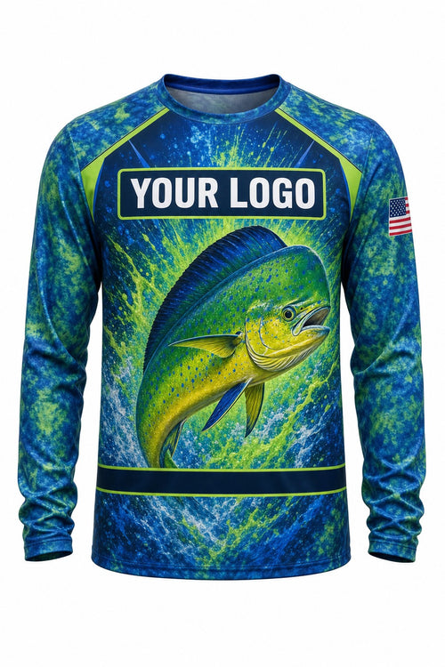 Mahi Mahi Tournament Fishing Jersey - front view, custom company logo all-over-print uniform