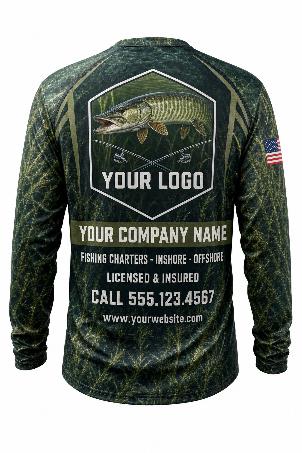 Musky Tournament Fishing Jersey - back view, custom company logo all-over-print uniform