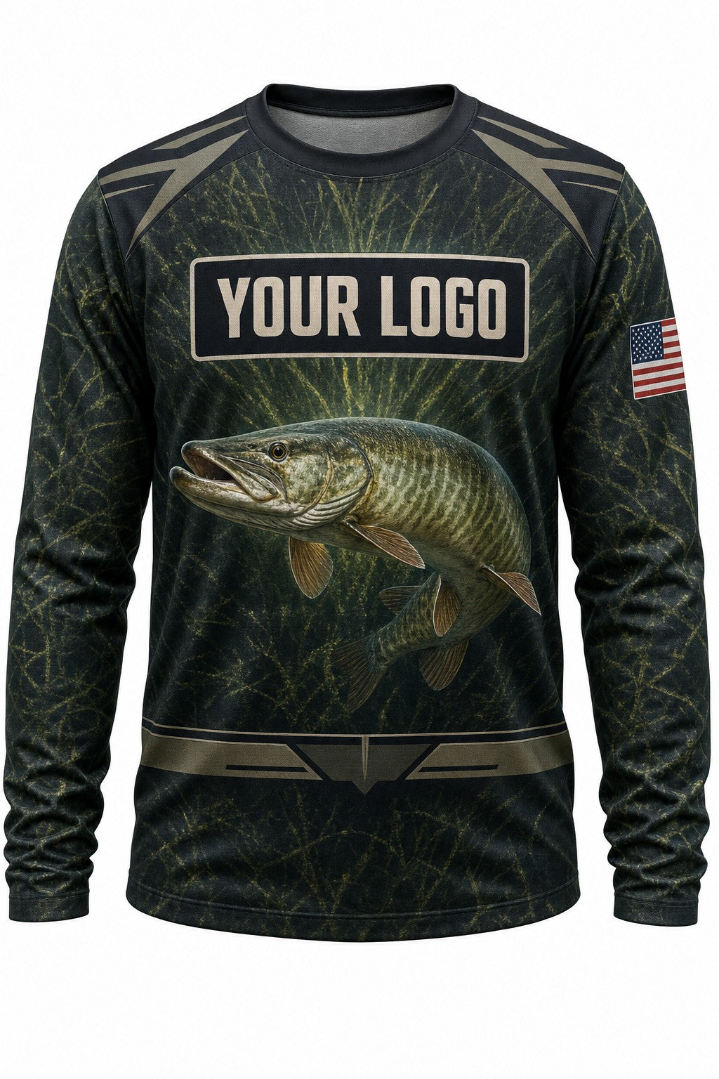 Musky Tournament Fishing Jersey - front view, custom company logo all-over-print uniform