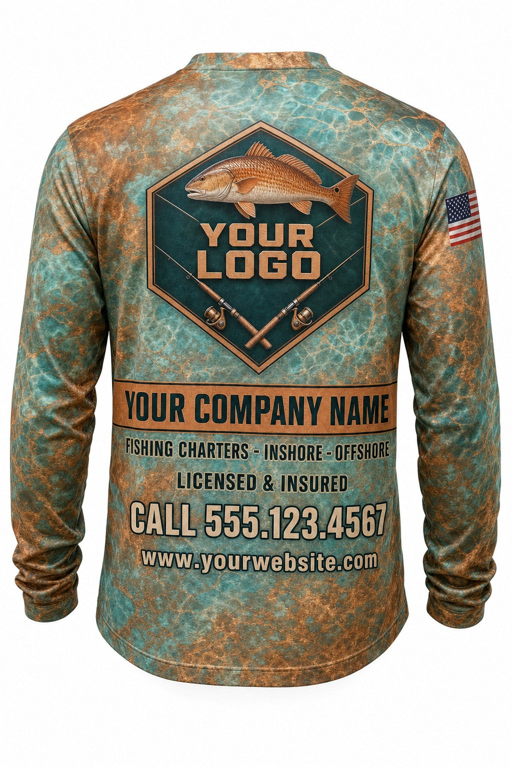 Redfish Tournament Fishing Jersey - back view, custom company logo all-over-print uniform