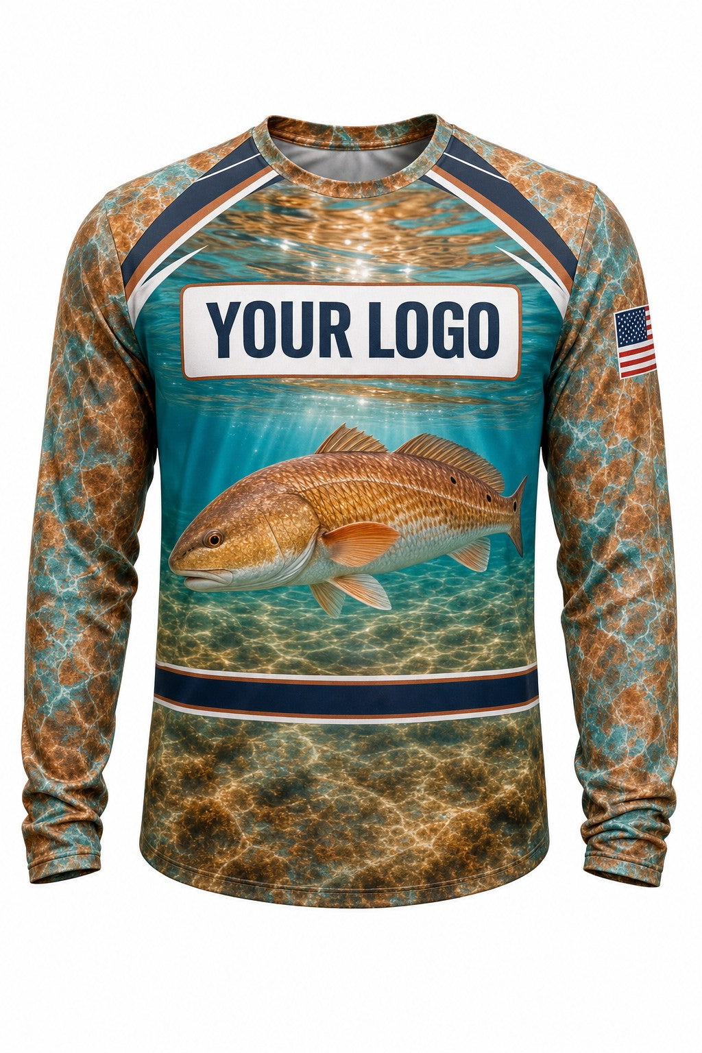 Redfish Tournament Fishing Jersey - front view, custom company logo all-over-print uniform