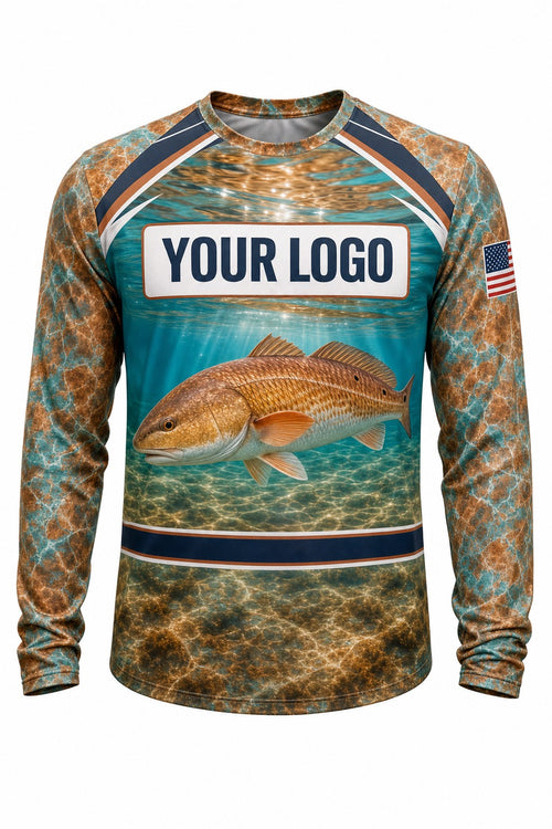 Redfish Tournament Fishing Jersey - front view, custom company logo all-over-print uniform