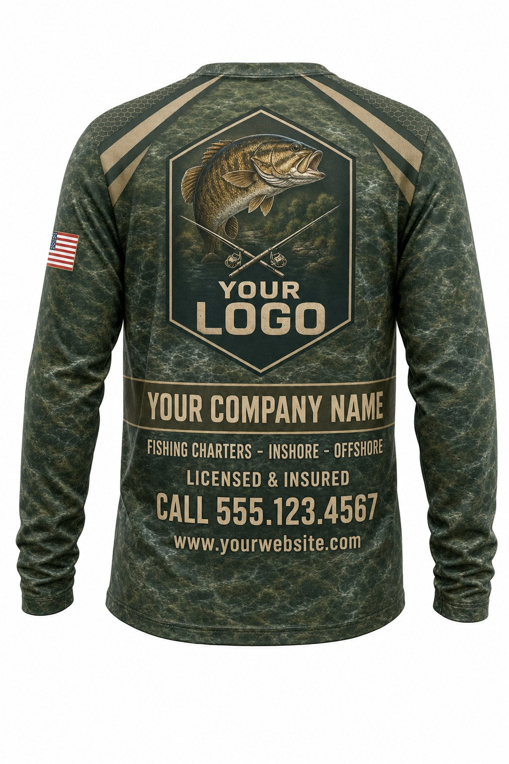 Smallmouth Bass Tournament Fishing Jersey - back view, custom company logo all-over-print uniform