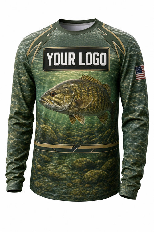 Smallmouth Bass Tournament Fishing Jersey - front view, custom company logo all-over-print uniform