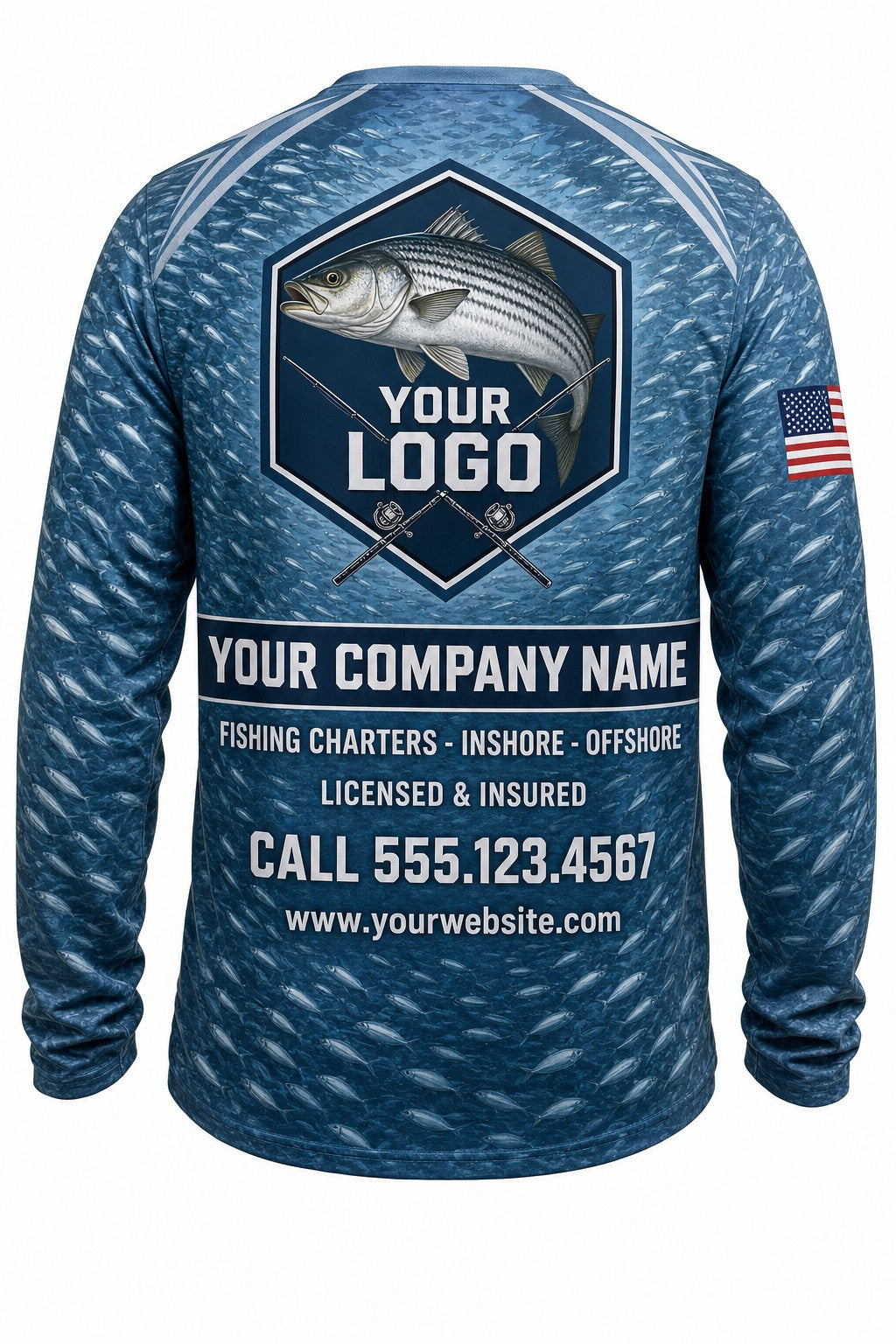 Striped Bass Tournament Fishing Jersey - back view, custom company logo all-over-print uniform