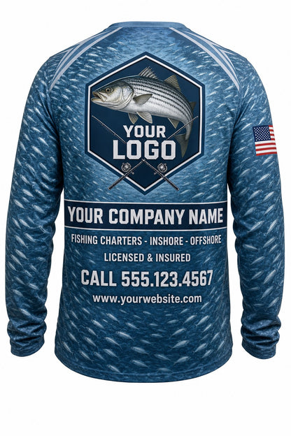 Striped Bass Tournament Fishing Jersey - back view, custom company logo all-over-print uniform