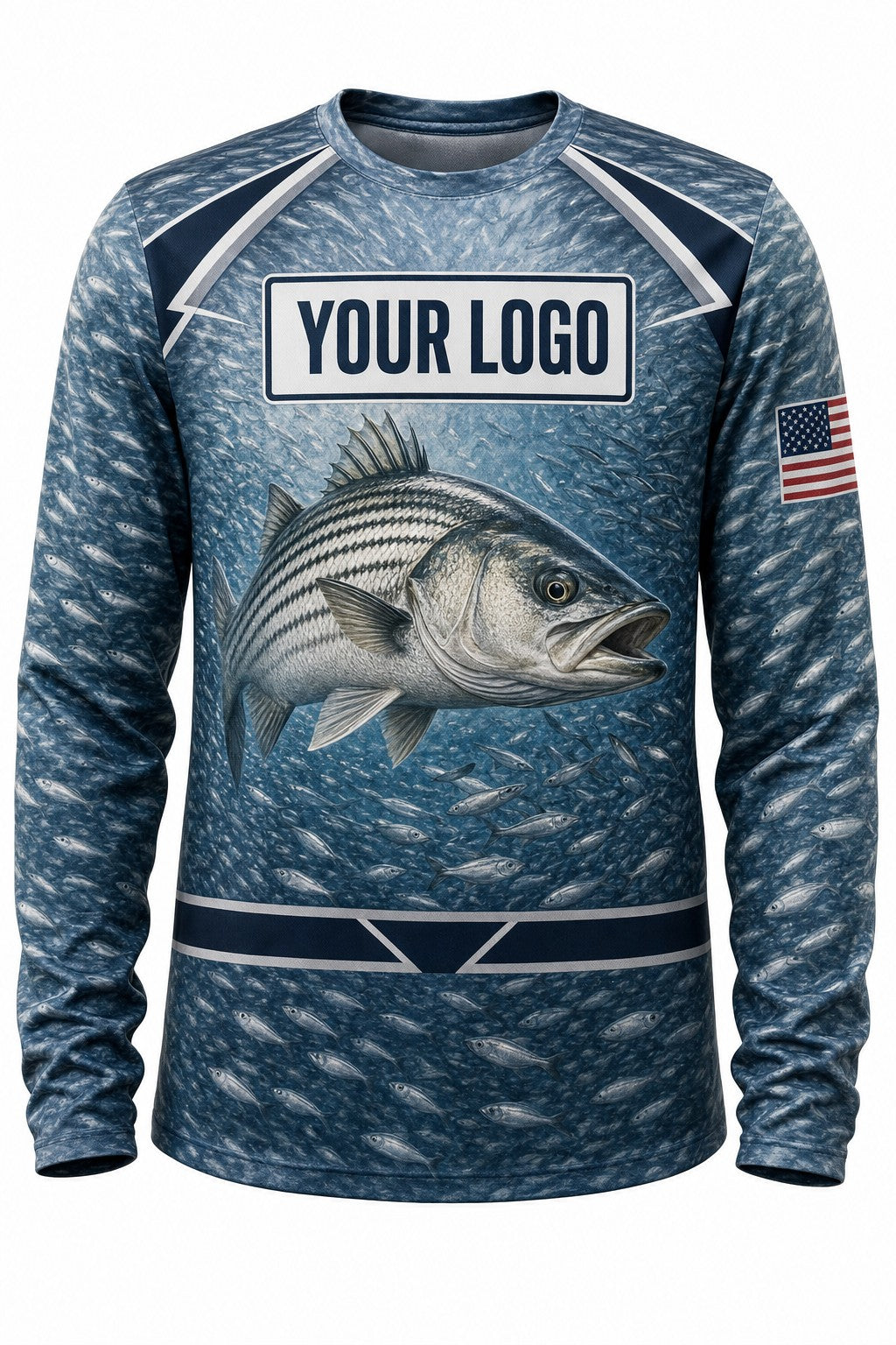 Striped Bass Tournament Fishing Jersey - front view, custom company logo all-over-print uniform