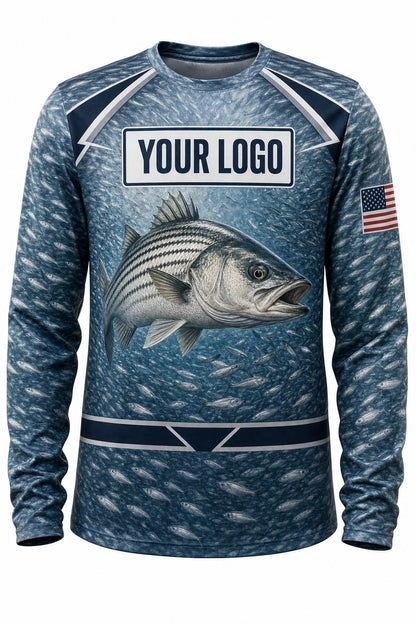 Striped Bass Tournament Fishing Jersey - front view, custom company logo all-over-print uniform