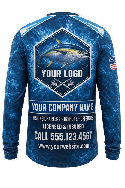 Yellowfin Tuna Tournament Fishing Jersey - back view, custom company logo all-over-print uniform