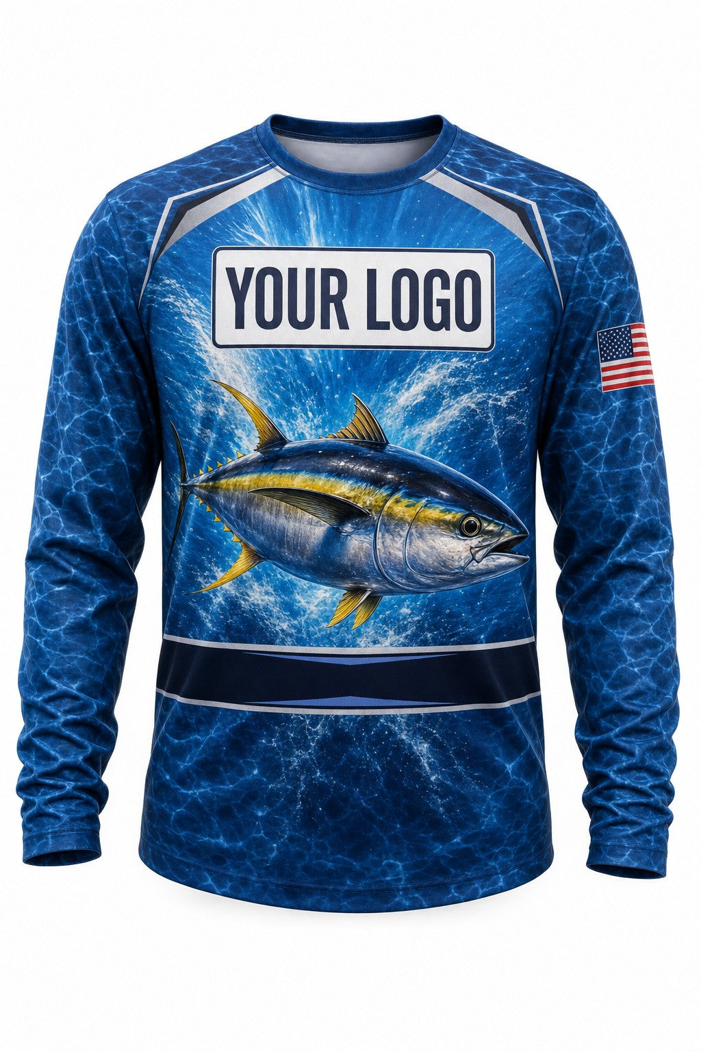 Yellowfin Tuna Tournament Fishing Jersey - front view, custom company logo all-over-print uniform