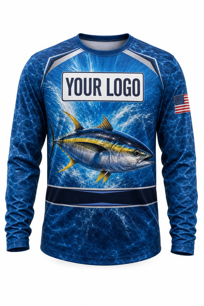 Yellowfin Tuna Tournament Fishing Jersey - front view, custom company logo all-over-print uniform
