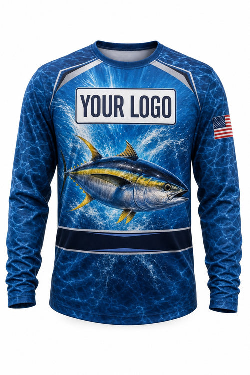 Yellowfin Tuna Tournament Fishing Jersey - front view, custom company logo all-over-print uniform