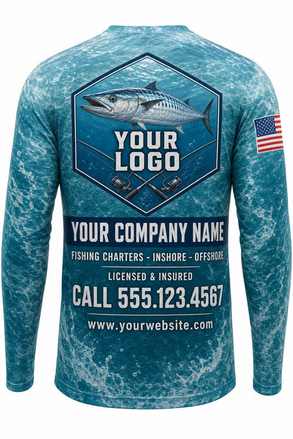 King Mackerel Custom Fishing Team Uniform - back view, custom company logo all-over-print uniform