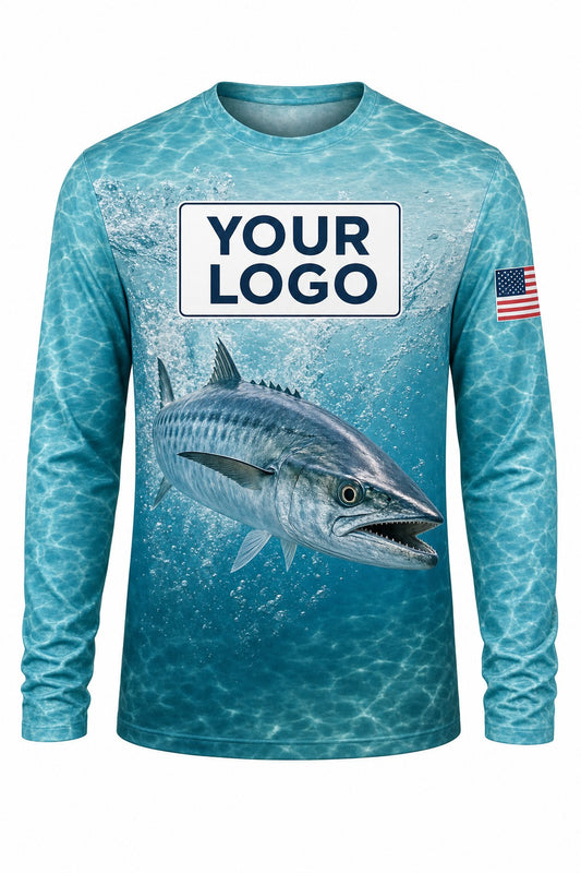 King Mackerel Custom Fishing Team Uniform - front view, custom company logo all-over-print uniform