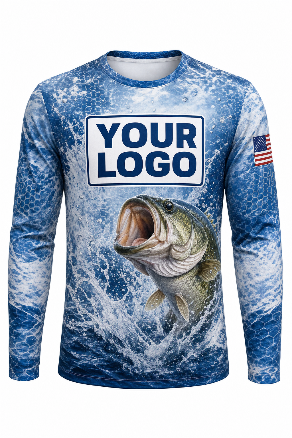 Largemouth Bass Custom Fishing Team Uniform - front view, custom company logo all-over-print uniform