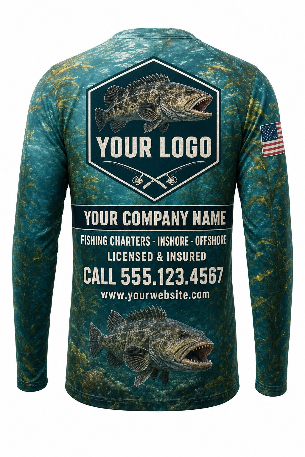 Lingcod Custom Fishing Team Uniform - back view, custom company logo all-over-print uniform
