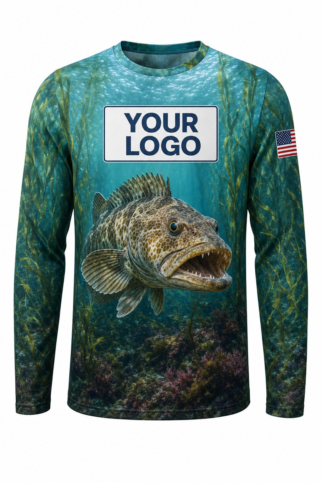 Lingcod Custom Fishing Team Uniform - front view, custom company logo all-over-print uniform
