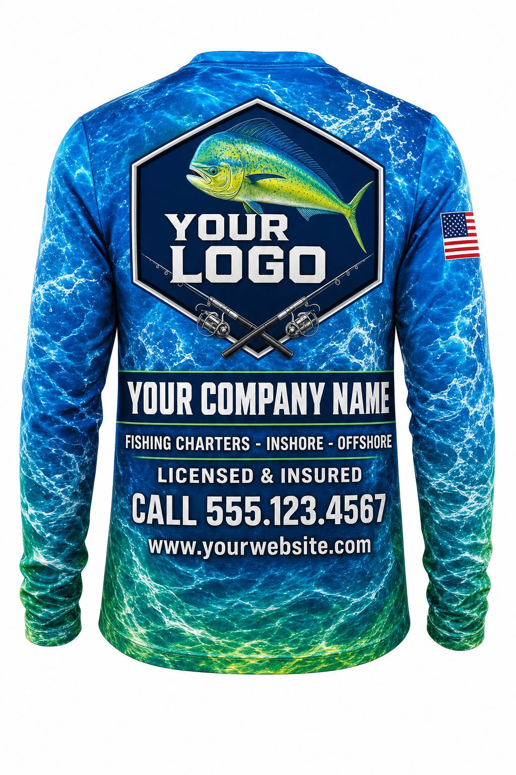 Mahi Offshore Custom Fishing Team Uniform - back view, custom company logo all-over-print uniform