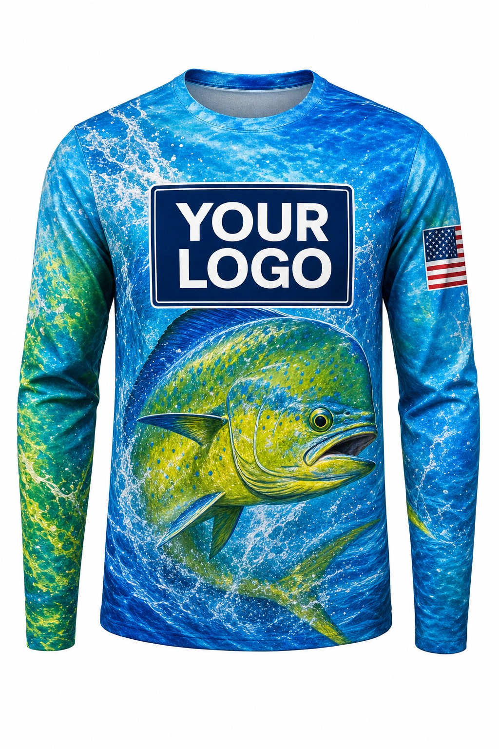 Mahi Offshore Custom Fishing Team Uniform - front view, custom company logo all-over-print uniform