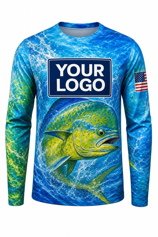 Mahi Offshore Custom Fishing Team Uniform - front view, custom company logo all-over-print uniform