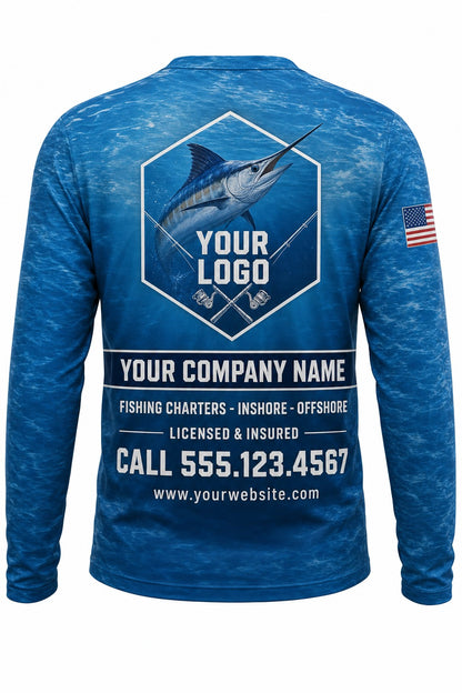 Blue Marlin Custom Fishing Team Uniform - back view, custom company logo all-over-print uniform