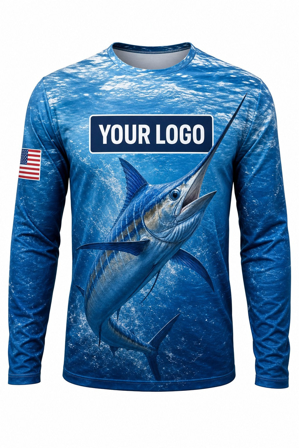 Blue Marlin Custom Fishing Team Uniform - front view, custom company logo all-over-print uniform
