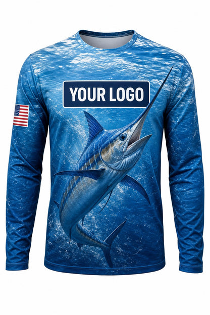 Blue Marlin Custom Fishing Team Uniform - front view, custom company logo all-over-print uniform