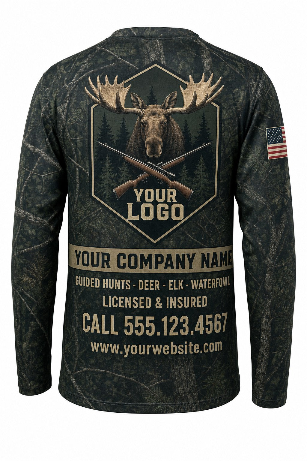 Bull Moose Custom Hunting Team Uniform - back view, custom company logo all-over-print uniform