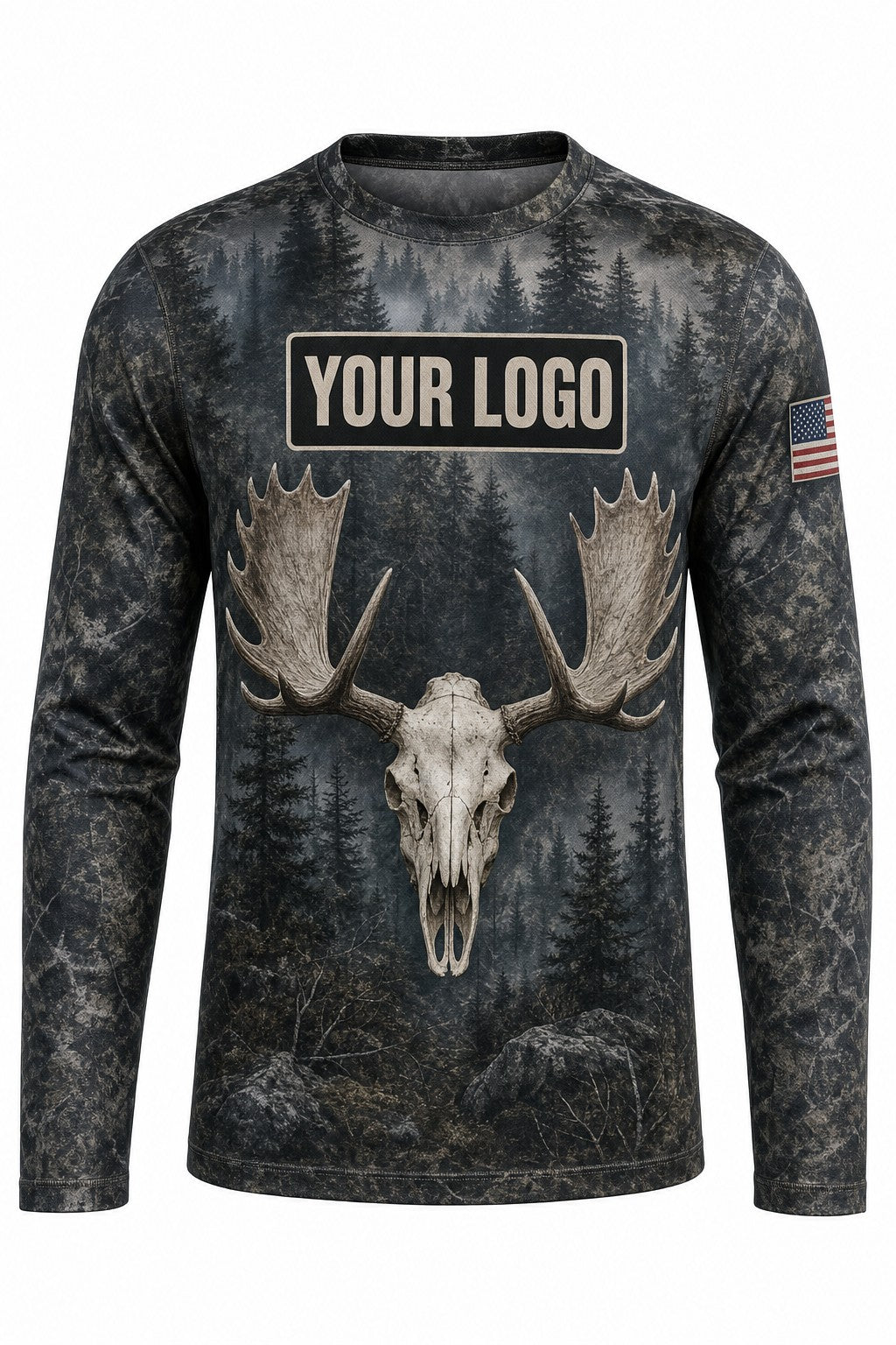 Moose Euro Skull Custom Hunting Team Uniform - front view, custom company logo all-over-print uniform