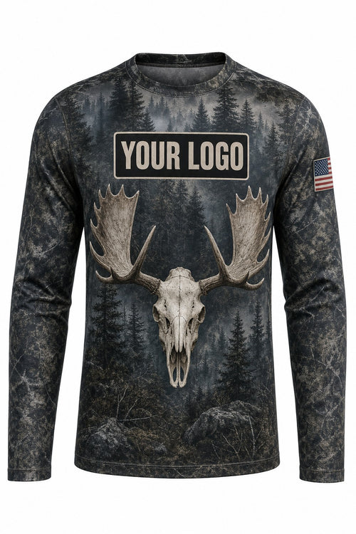 Moose Euro Skull Custom Hunting Team Uniform - front view, custom company logo all-over-print uniform