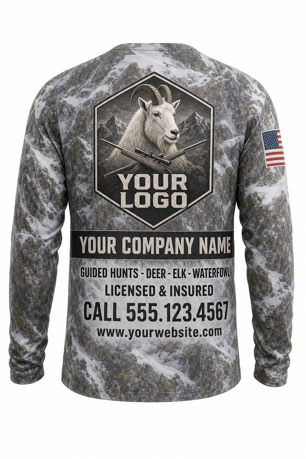 Mountain Goat Custom Hunting Team Uniform - back view, custom company logo all-over-print uniform