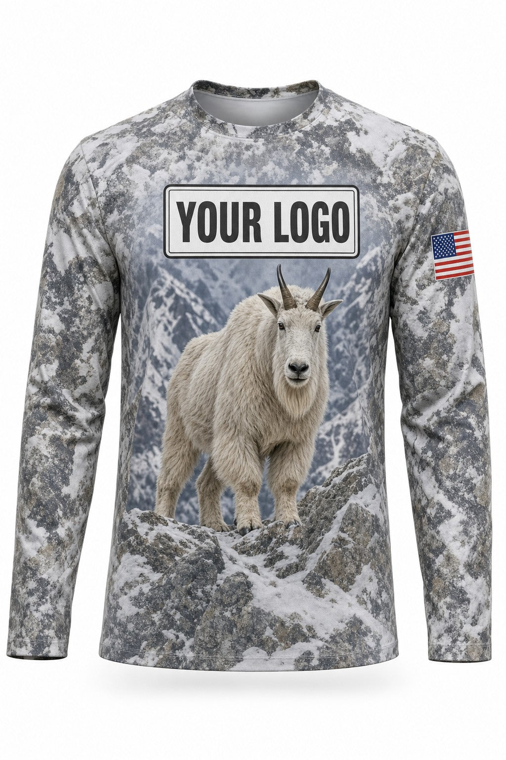 Mountain Goat Custom Hunting Team Uniform - front view, custom company logo all-over-print uniform