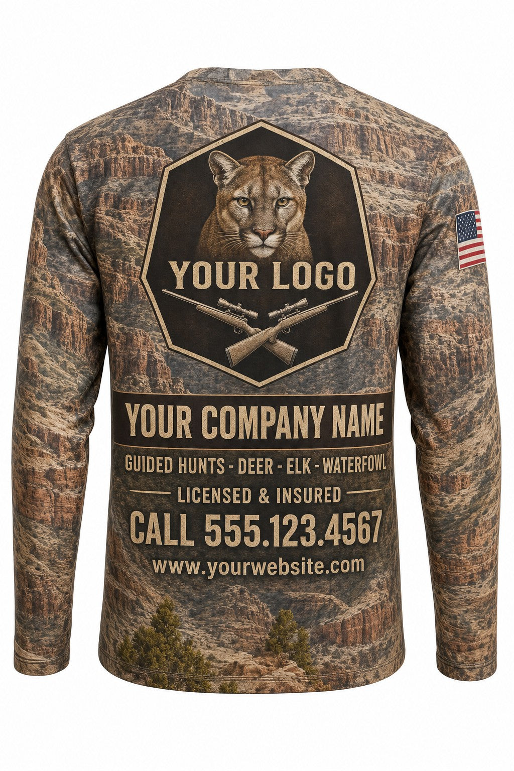 Mountain Lion Custom Hunting Team Uniform - back view, custom company logo all-over-print uniform