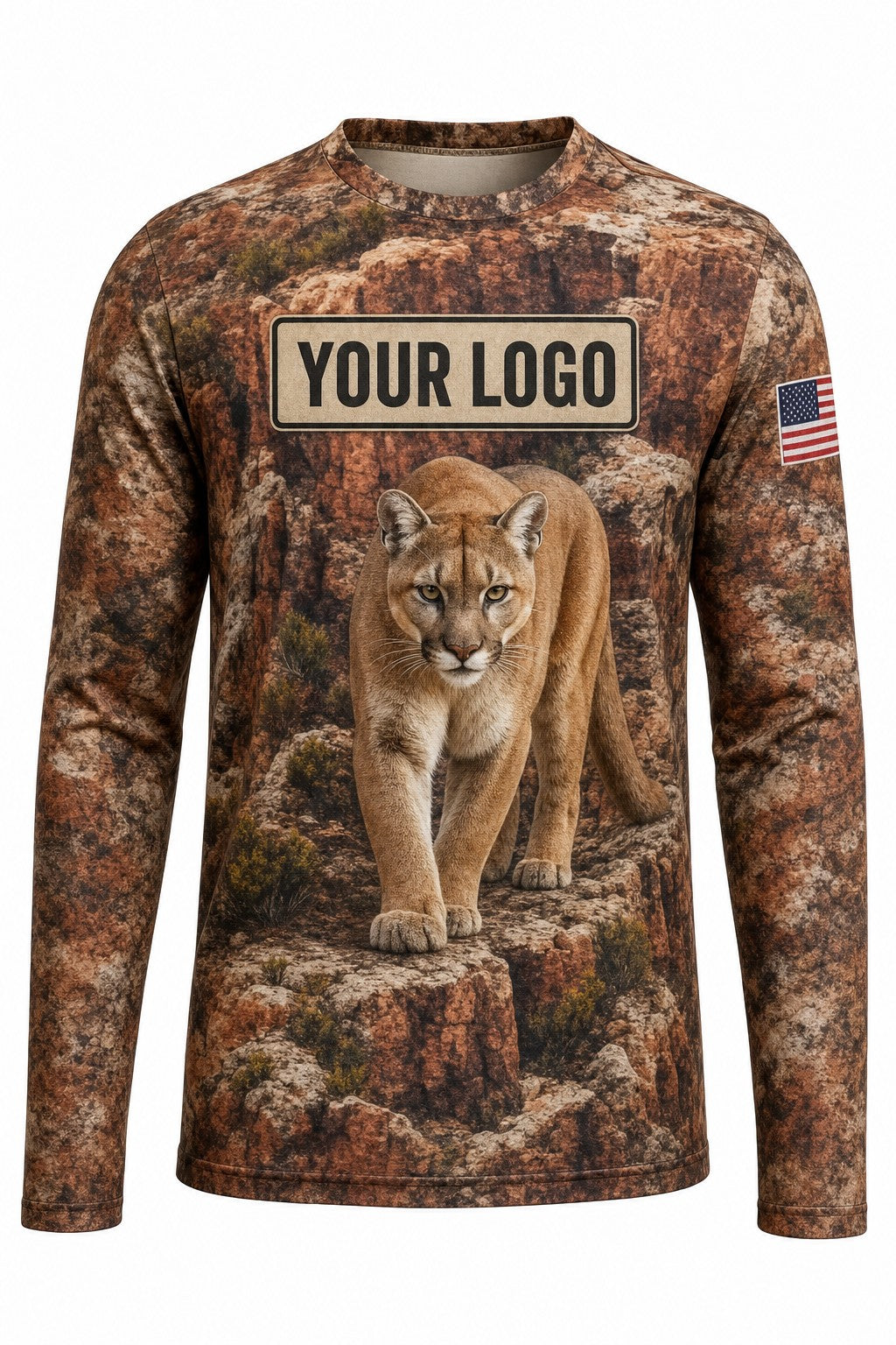 Mountain Lion Custom Hunting Team Uniform - front view, custom company logo all-over-print uniform
