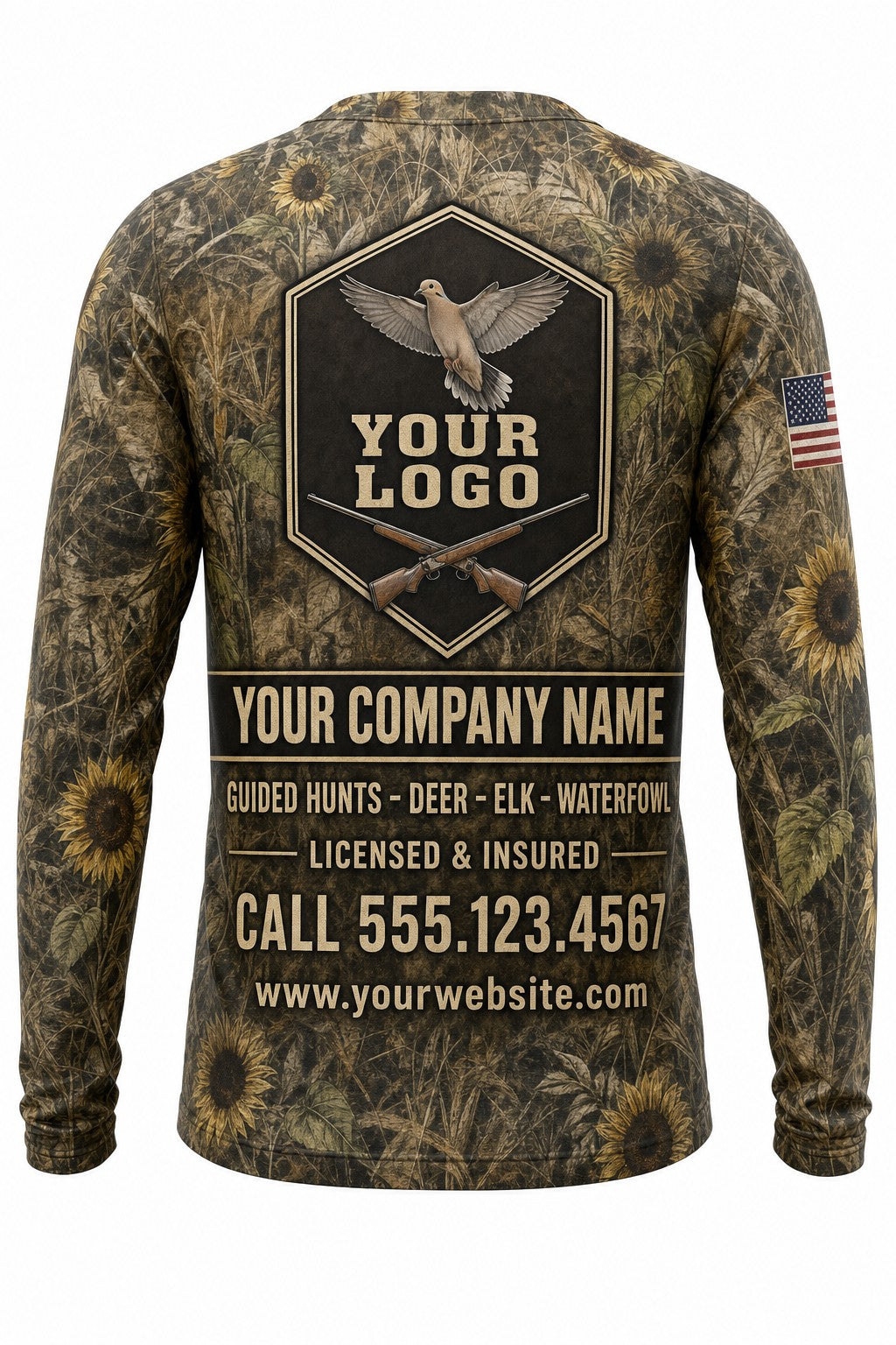 Mourning Dove Custom Hunting Team Uniform - back view, custom company logo all-over-print uniform