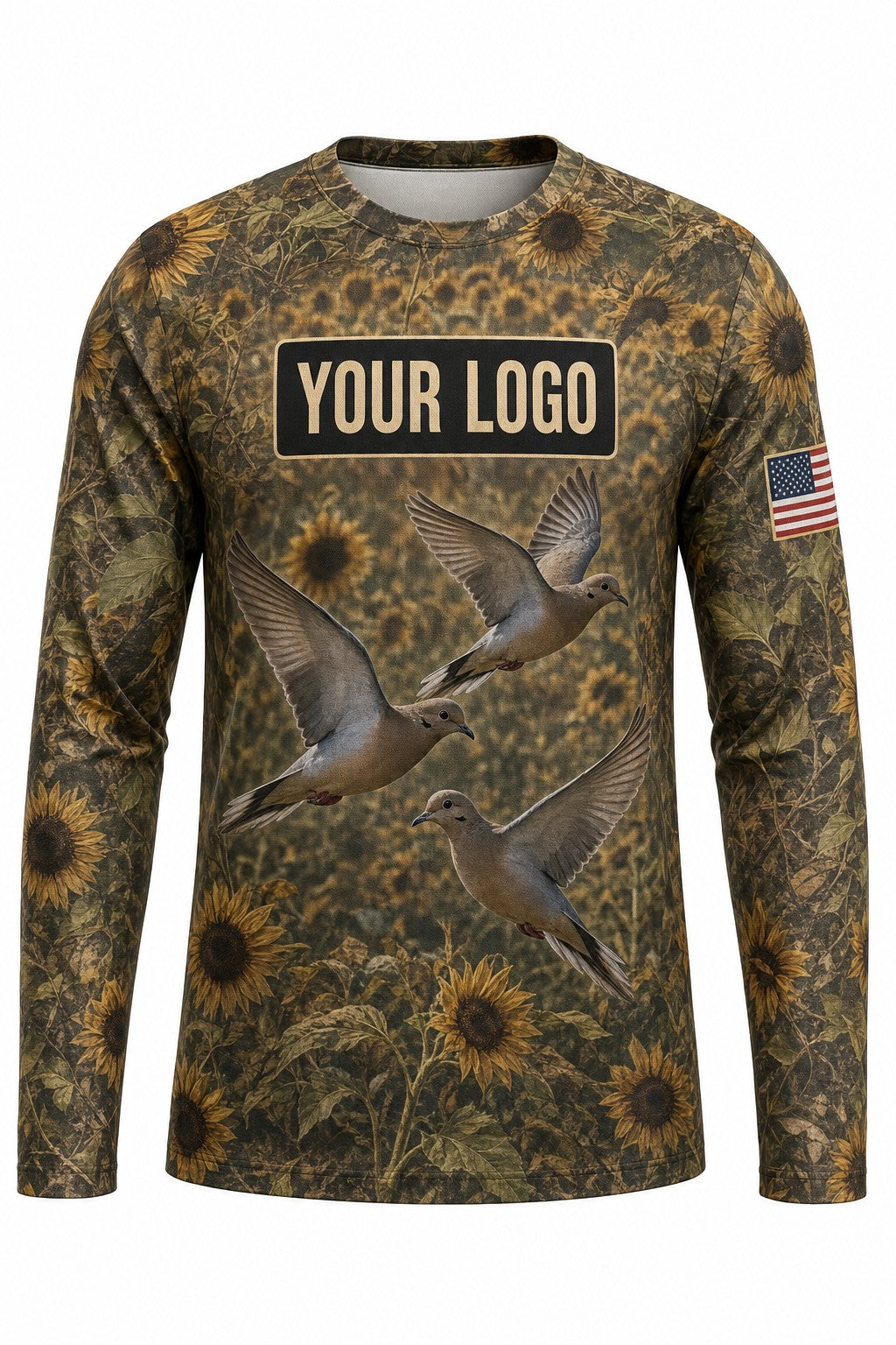 Mourning Dove Custom Hunting Team Uniform - front view, custom company logo all-over-print uniform