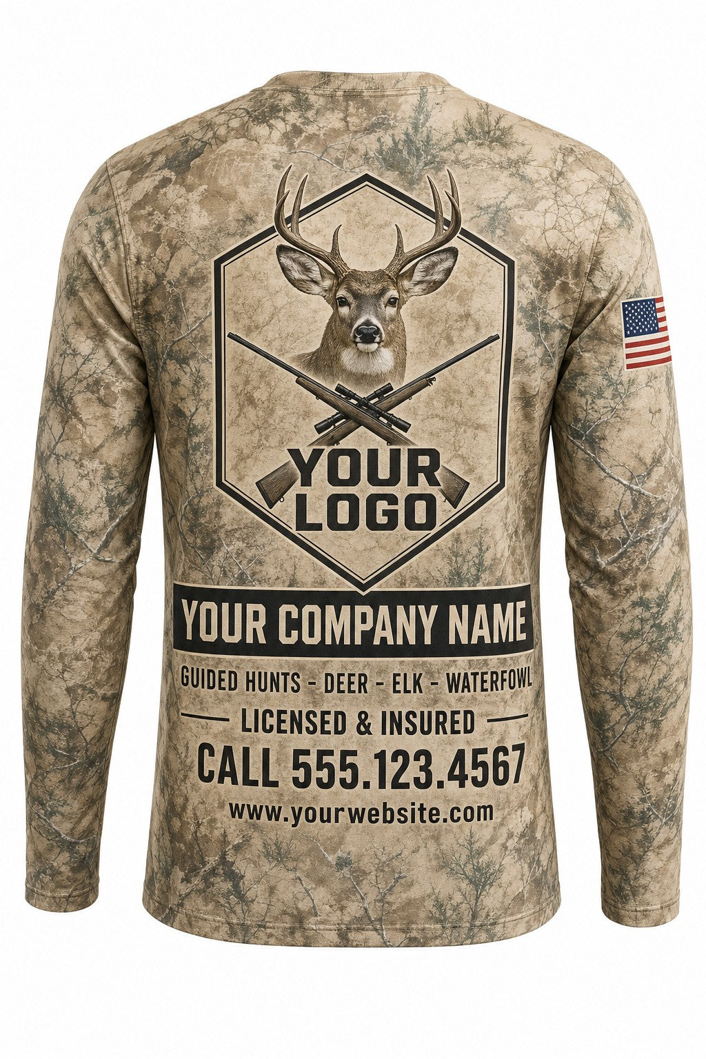 Mule Deer Custom Hunting Team Uniform - back view, custom company logo all-over-print uniform