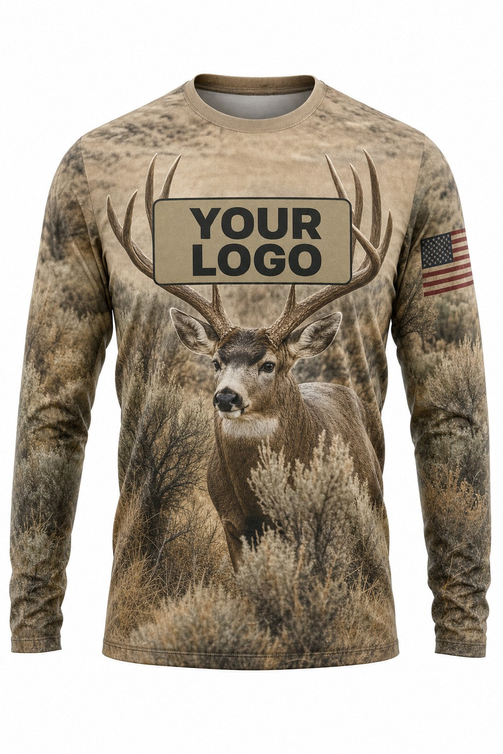 Mule Deer Custom Hunting Team Uniform - front view, custom company logo all-over-print uniform