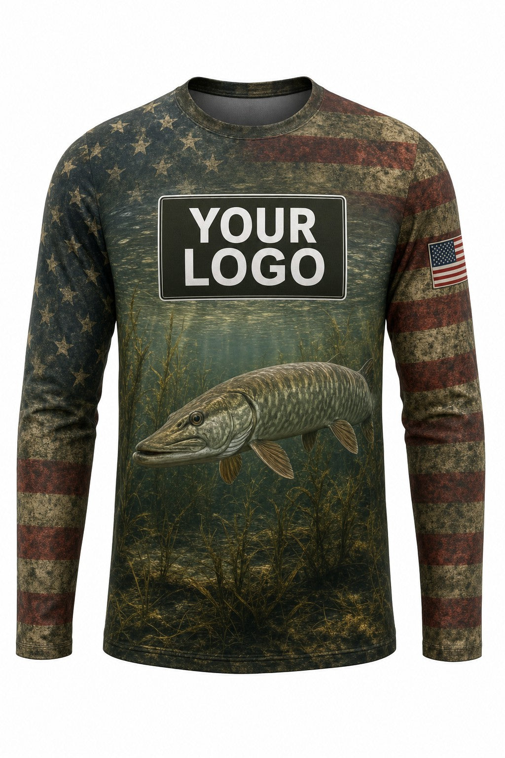 Musky Flag Custom Fishing Team Uniform - front view, custom company logo all-over-print uniform
