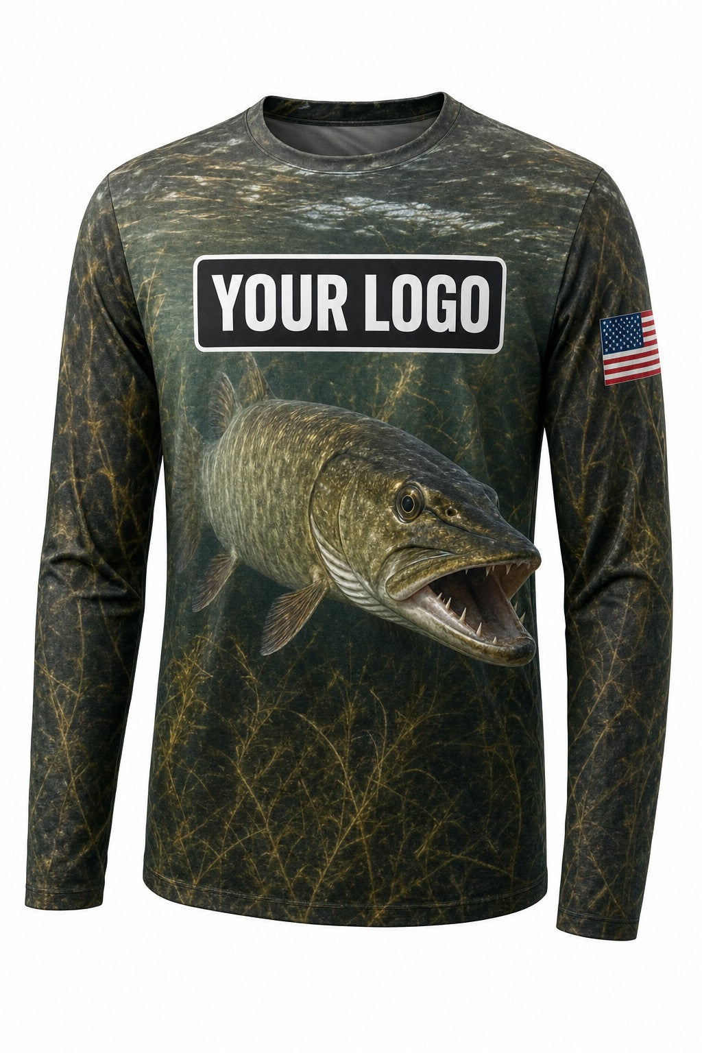 Musky Pike Custom Fishing Team Uniform - front view, custom company logo all-over-print uniform