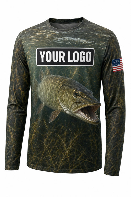 Musky Pike Custom Fishing Team Uniform - front view, custom company logo all-over-print uniform