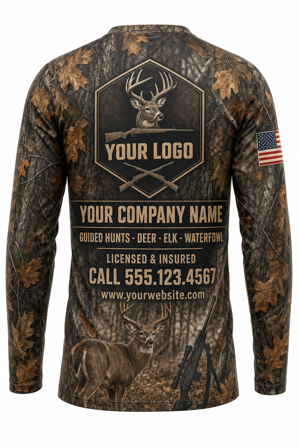 Rifle Season Deer Custom Hunting Team Uniform - back view, custom company logo all-over-print uniform