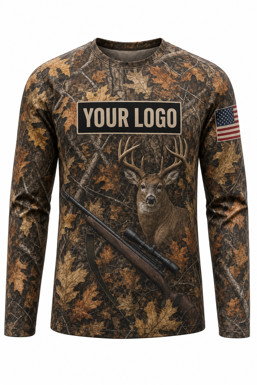 Rifle Season Deer Custom Hunting Team Uniform - front view, custom company logo all-over-print uniform