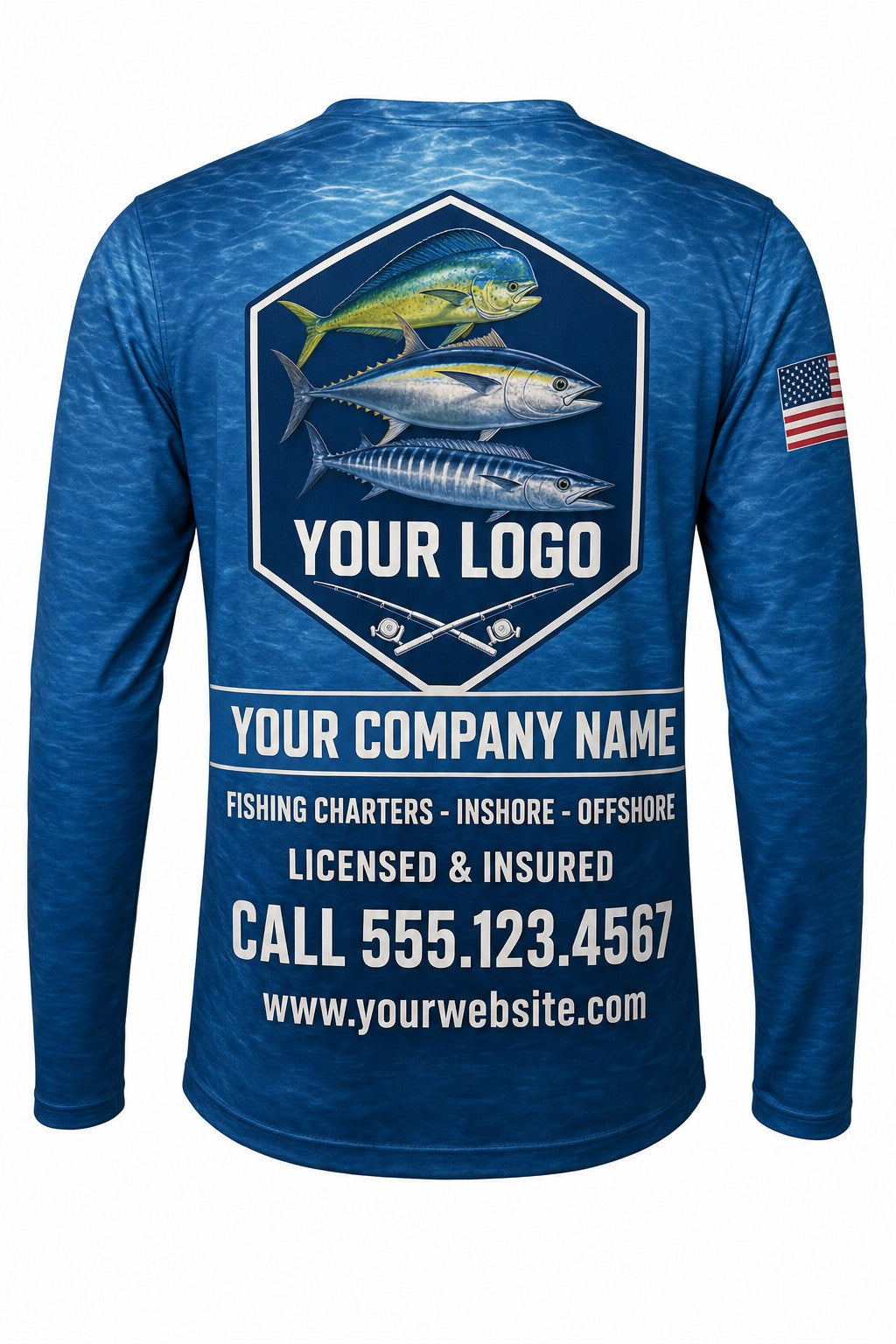Offshore Trio Custom Fishing Team Uniform - back view, custom company logo all-over-print uniform