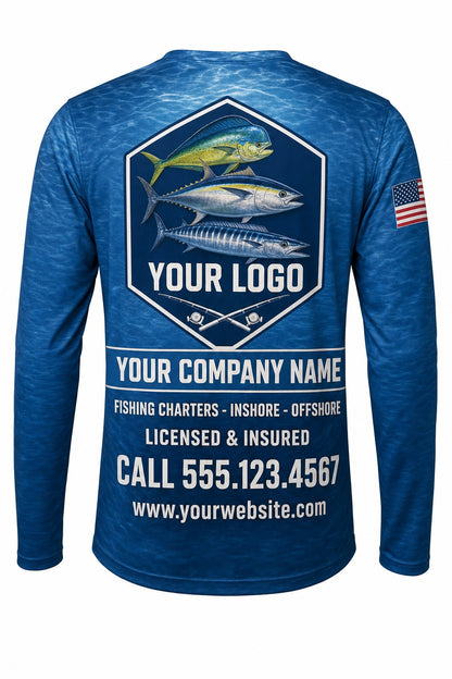 Offshore Trio Custom Fishing Team Uniform - back view, custom company logo all-over-print uniform